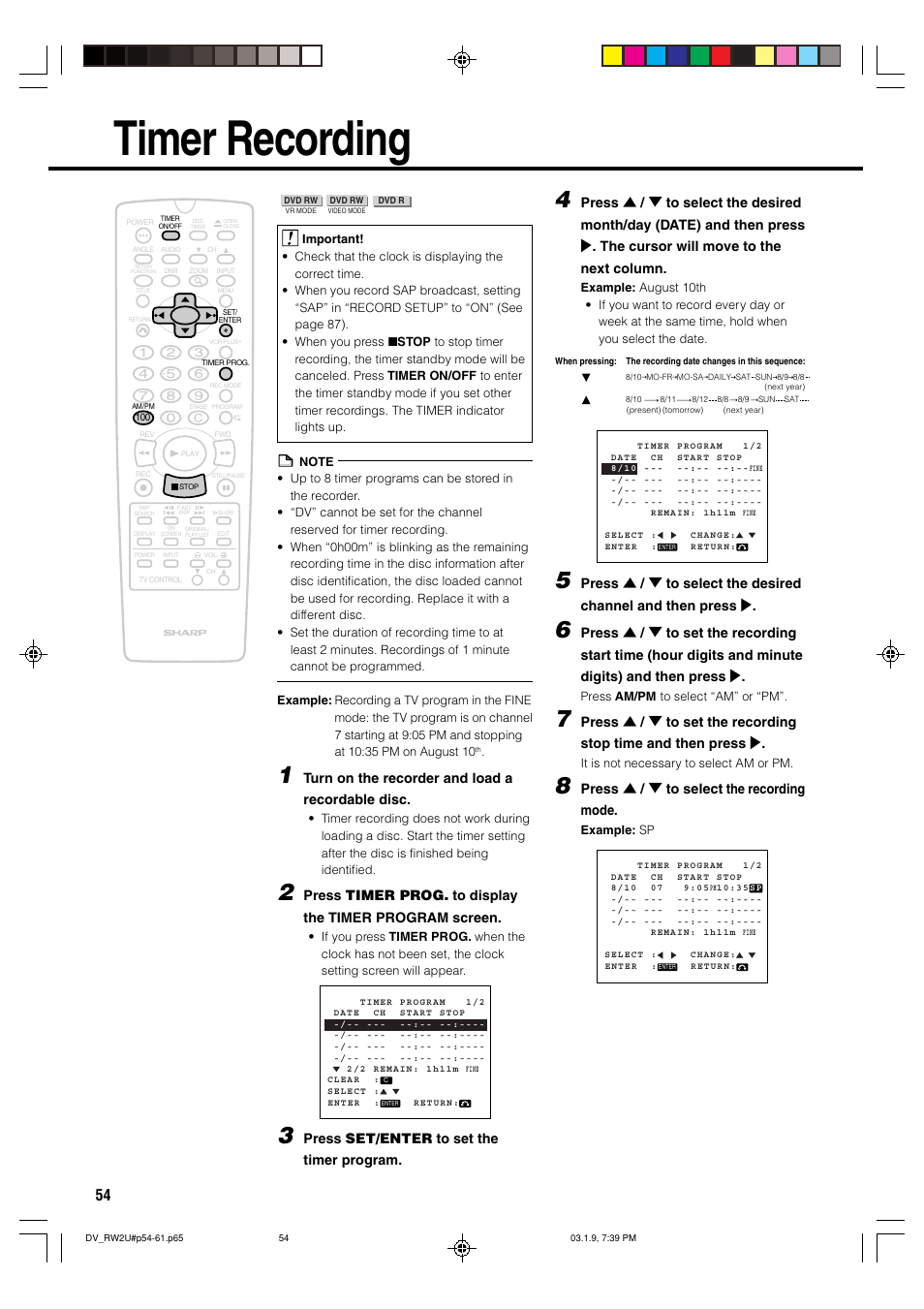 Timer recording, Turn on the recorder and load a recordable disc, Press set/enter to set the timer program | Press ' / 