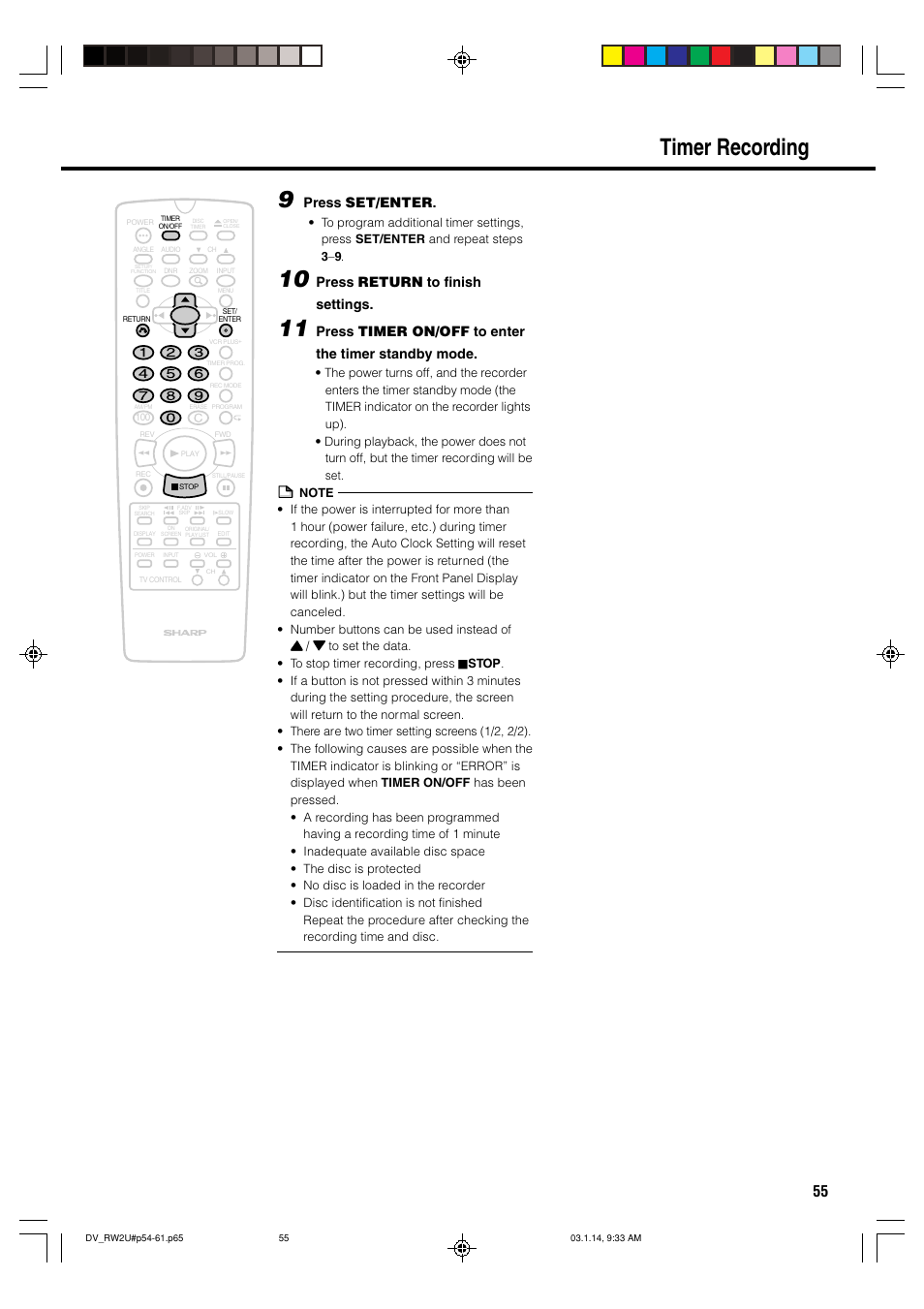 Timer recording, Press set/enter, Press return to finish settings | Press timer on/off to enter the timer standby mode | Sharp DV-RW2U User Manual | Page 55 / 112