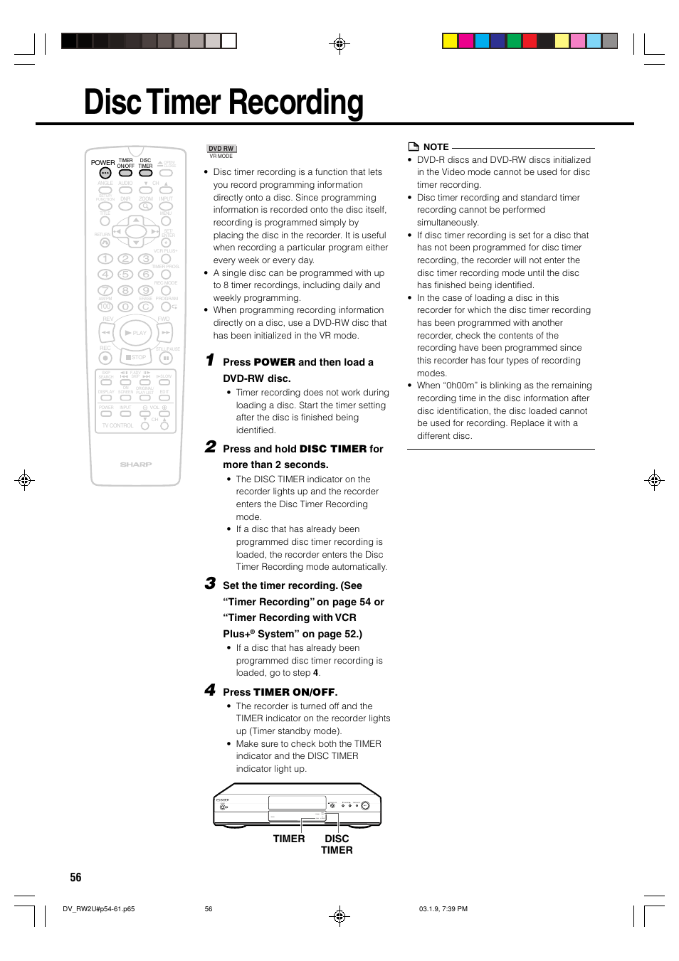 Disc timer recording | Sharp DV-RW2U User Manual | Page 56 / 112