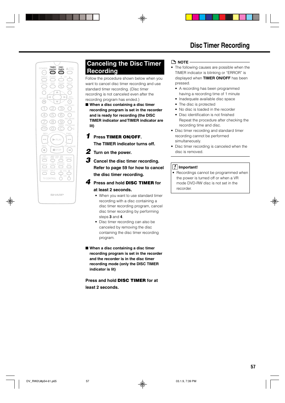 Disc timer recording, Canceling the disc timer recording, Press timer on/off. the timer indicator turns off | Turn on the power, Press and hold disc timer for at least 2 seconds | Sharp DV-RW2U User Manual | Page 57 / 112