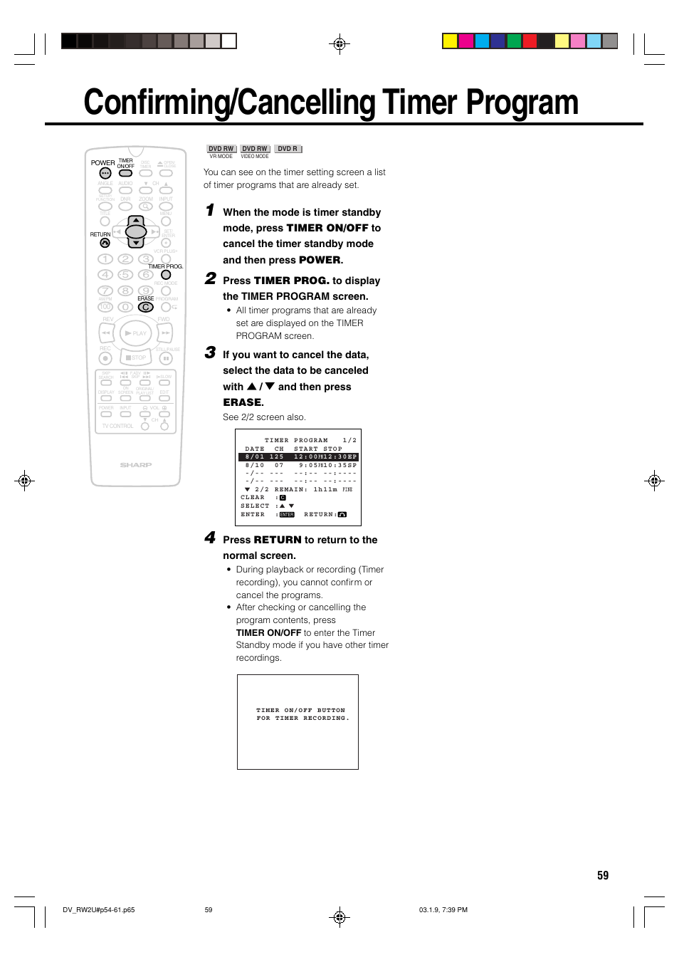 Confirming/cancelling timer program, Press return to return to the normal screen | Sharp DV-RW2U User Manual | Page 59 / 112