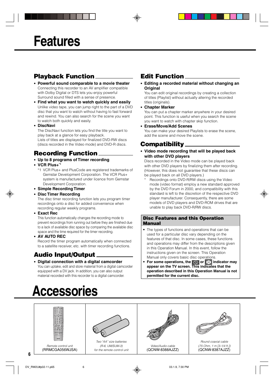 Features, Accessories, Playback function | Recording function, Audio input/output, Edit function, Compatibility | Sharp DV-RW2U User Manual | Page 6 / 112