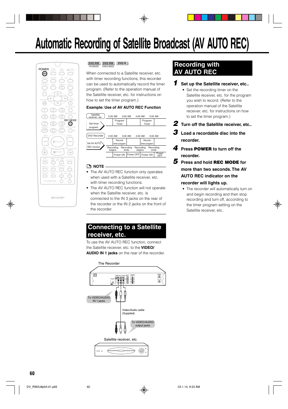 Connecting to a satellite receiver, etc, Recording with av auto rec, Optical | Auto rec, Set up the satellite receiver, etc, Turn off the satellite receiver, etc, Load a recordable disc into the recorder, Press power to turn off the recorder | Sharp DV-RW2U User Manual | Page 60 / 112