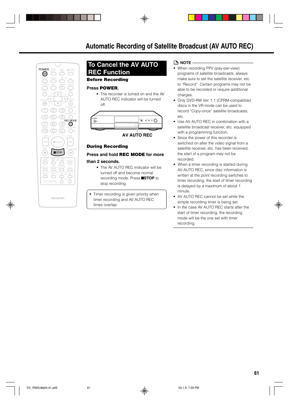 Before recording press power | Sharp DV-RW2U User Manual | Page 61 / 112