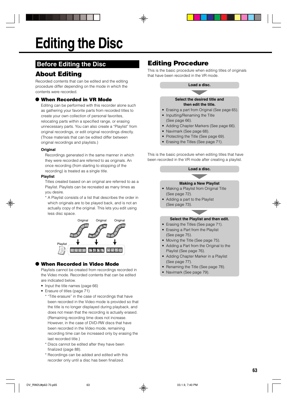 Editing the disc, About editing, Editing procedure | Before editing the disc | Sharp DV-RW2U User Manual | Page 63 / 112