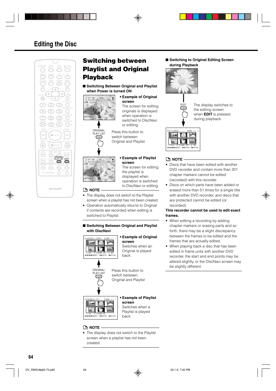 Editing the disc, Switching between playlist and original playback | Sharp DV-RW2U User Manual | Page 64 / 112