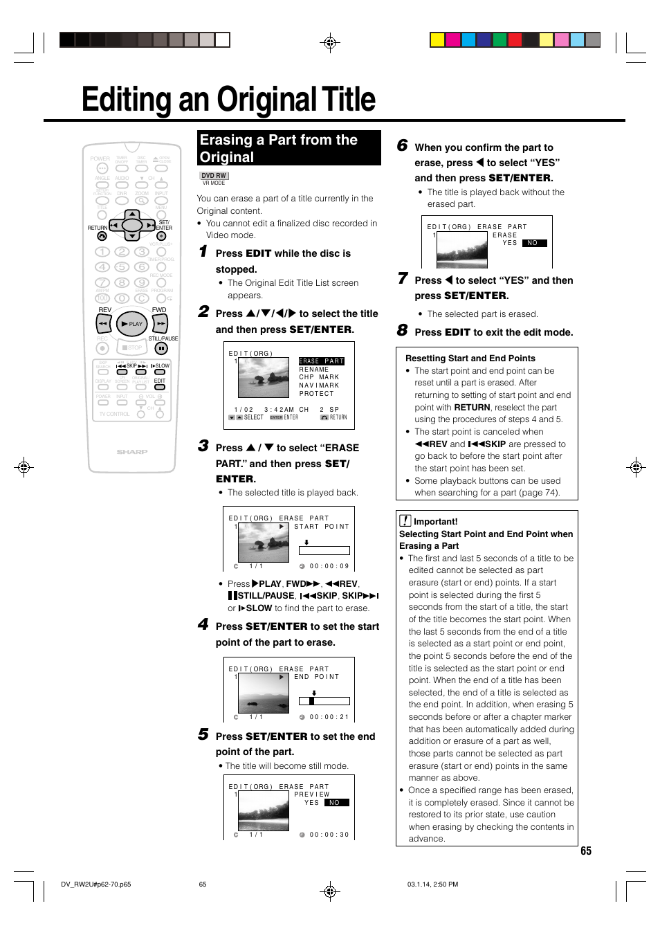 Editing an original title, Erasing a part from the original | Sharp DV-RW2U User Manual | Page 65 / 112