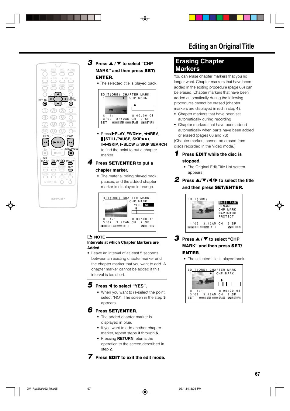 Editing an original title 3, Erasing chapter markers, Press set/enter to put a chapter marker | Press \ to select “yes, Press set/enter, Press edit to exit the edit mode, Press edit while the disc is stopped | Sharp DV-RW2U User Manual | Page 67 / 112