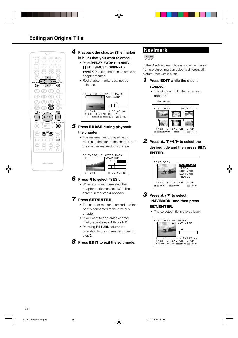 Editing an original title 4, Navimark, Press erase during playback the chapter | Press \ to select “yes, Press set/enter, Press edit to exit the edit mode, Press edit while the disc is stopped | Sharp DV-RW2U User Manual | Page 68 / 112