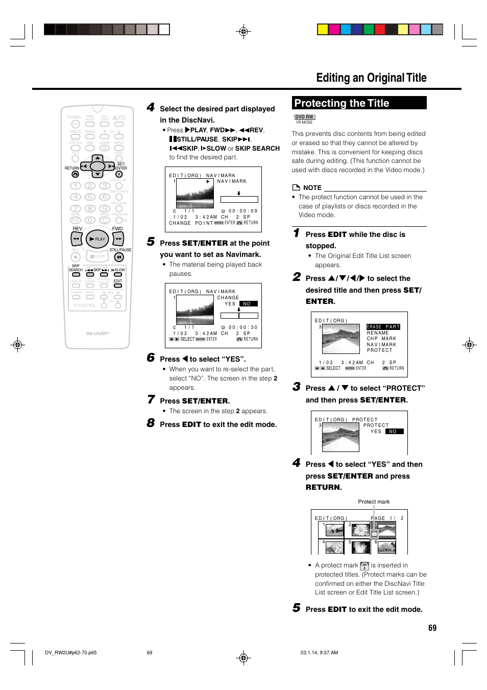 Editing an original title, Protecting the title, Select the desired part displayed in the discnavi | Press \ to select “yes, Press set/enter, Press edit to exit the edit mode, Press edit while the disc is stopped | Sharp DV-RW2U User Manual | Page 69 / 112