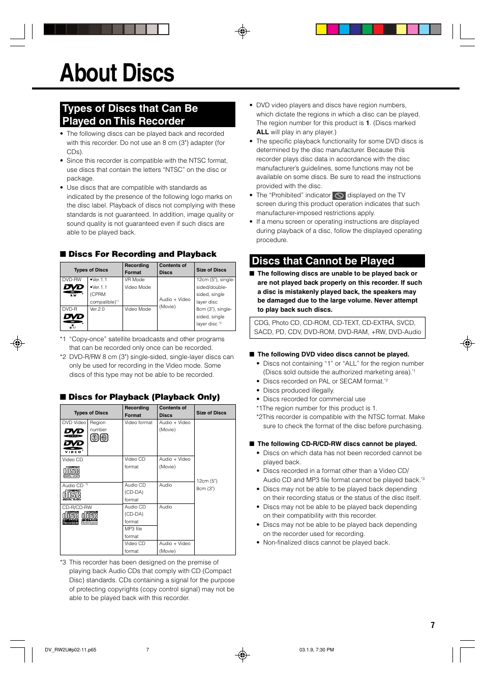 About discs, Types of discs that can be played on this recorder, Discs that cannot be played | Discs for recording and playback, Discs for playback (playback only) | Sharp DV-RW2U User Manual | Page 7 / 112