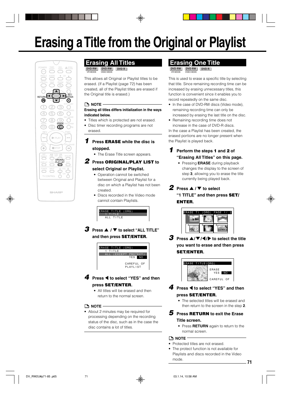 Erasing a title from the original or playlist, Erasing all titles, Erasing one title | Sharp DV-RW2U User Manual | Page 71 / 112