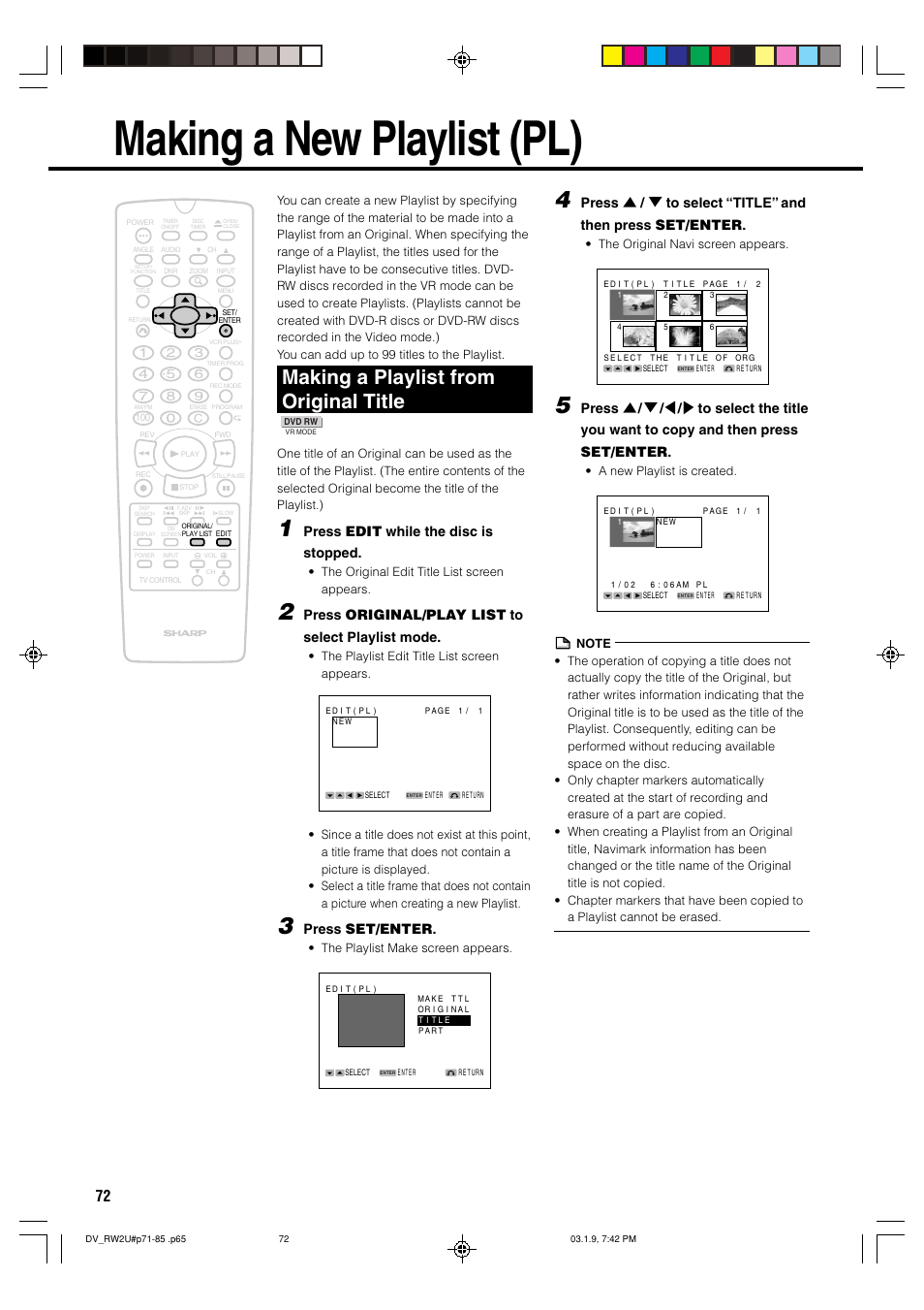 Making a new playlist (pl), Making a playlist from original title, Press edit while the disc is stopped | Press original/play list to select playlist mode, Press set/enter | Sharp DV-RW2U User Manual | Page 72 / 112