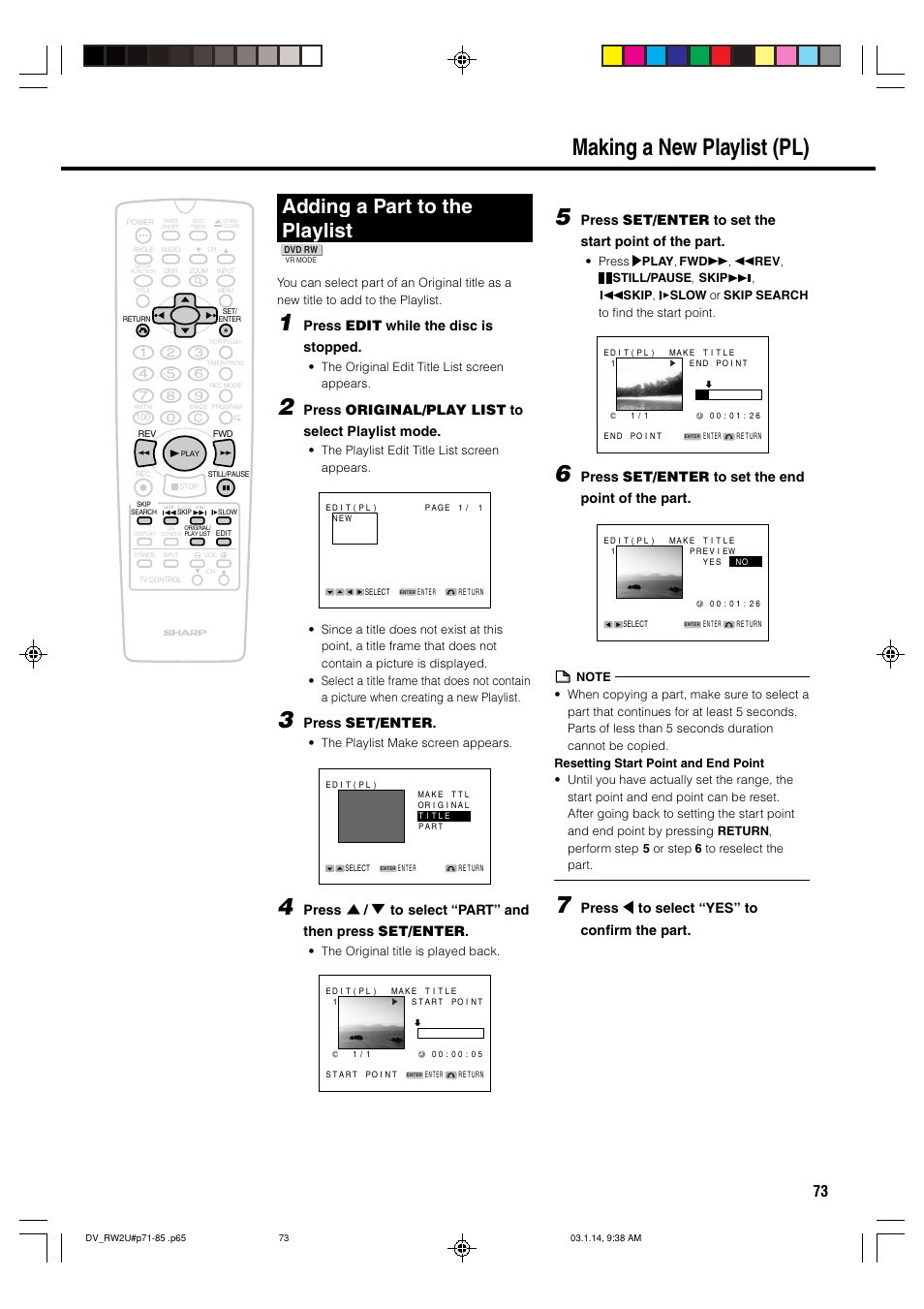Making a new playlist (pl) 5, Adding a part to the playlist, Press edit while the disc is stopped | Press original/play list to select playlist mode, Press set/enter, Press set/enter to set the start point of the part, Press set/enter to set the end point of the part, Press \ to select “yes” to confirm the part | Sharp DV-RW2U User Manual | Page 73 / 112