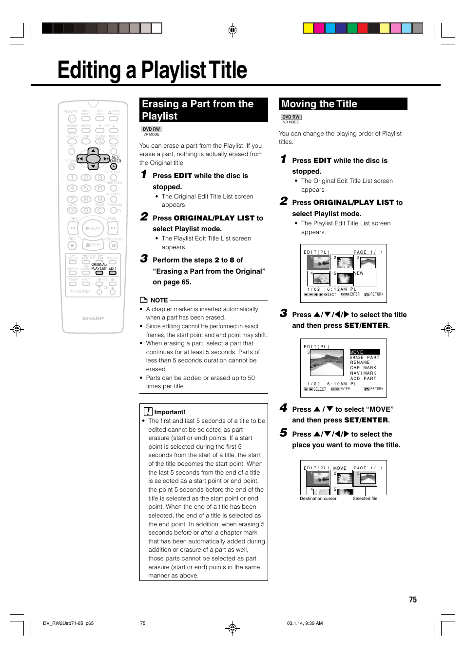 Editing a playlist title, Erasing a part from the playlist, Moving the title | Press edit while the disc is stopped, Press original/play list to select playlist mode | Sharp DV-RW2U User Manual | Page 75 / 112