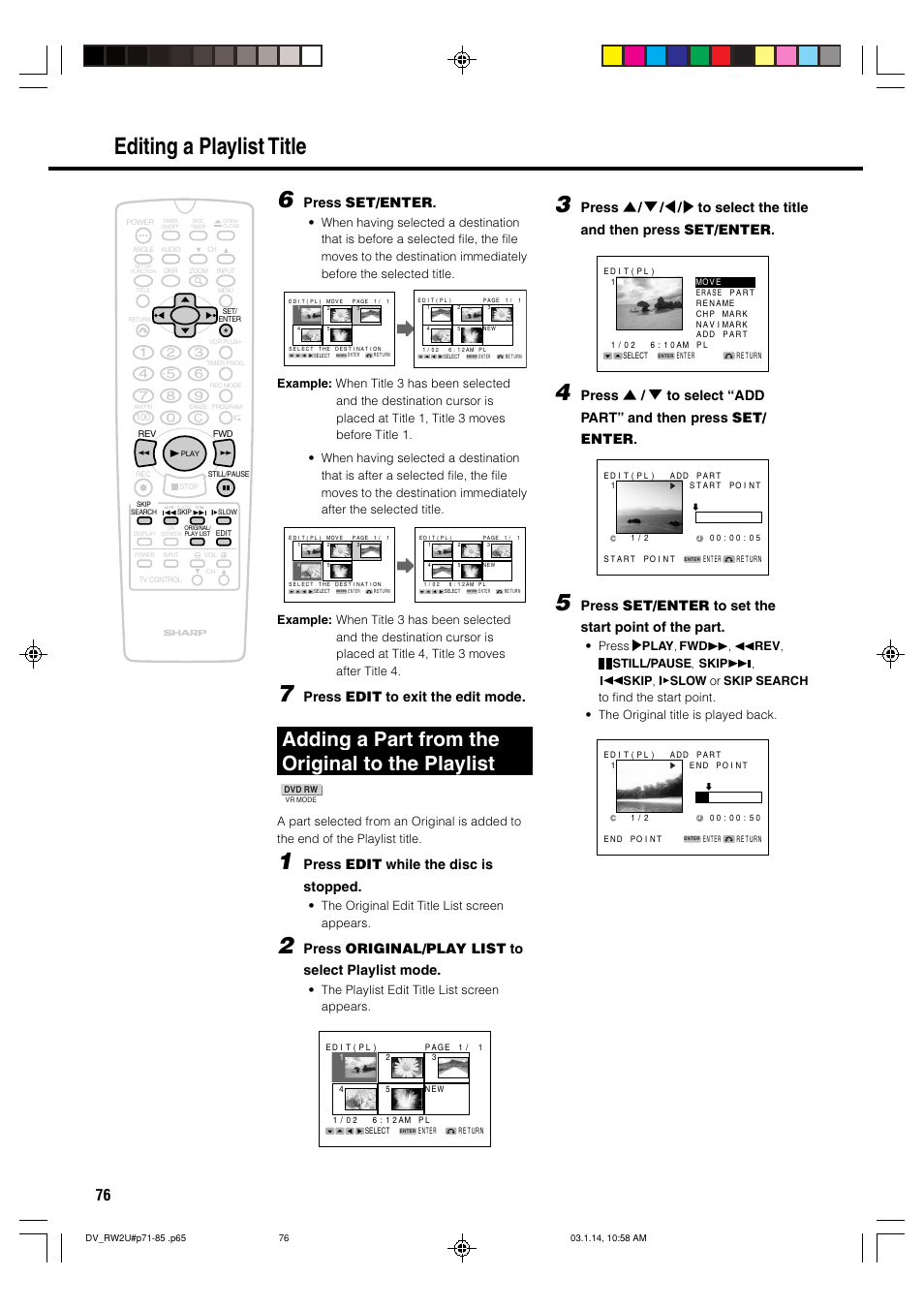 Editing a playlist title, Adding a part from the original to the playlist, Press set/enter | Press edit to exit the edit mode, Press edit while the disc is stopped, Press original/play list to select playlist mode, Press set/enter to set the start point of the part | Sharp DV-RW2U User Manual | Page 76 / 112