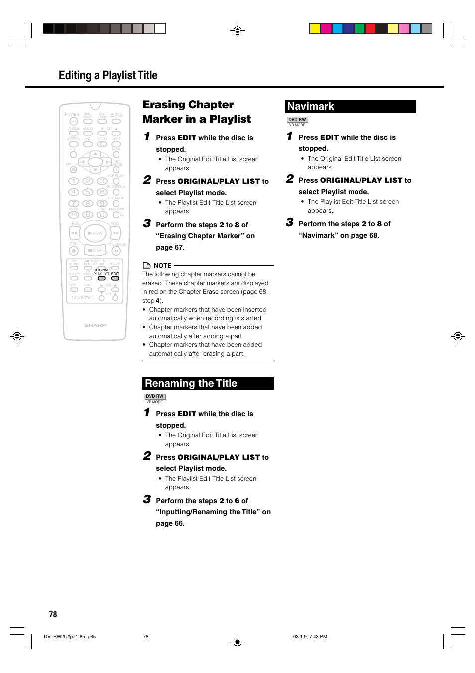 Editing a playlist title, Erasing chapter marker in a playlist, Renaming the title | Navimark | Sharp DV-RW2U User Manual | Page 78 / 112