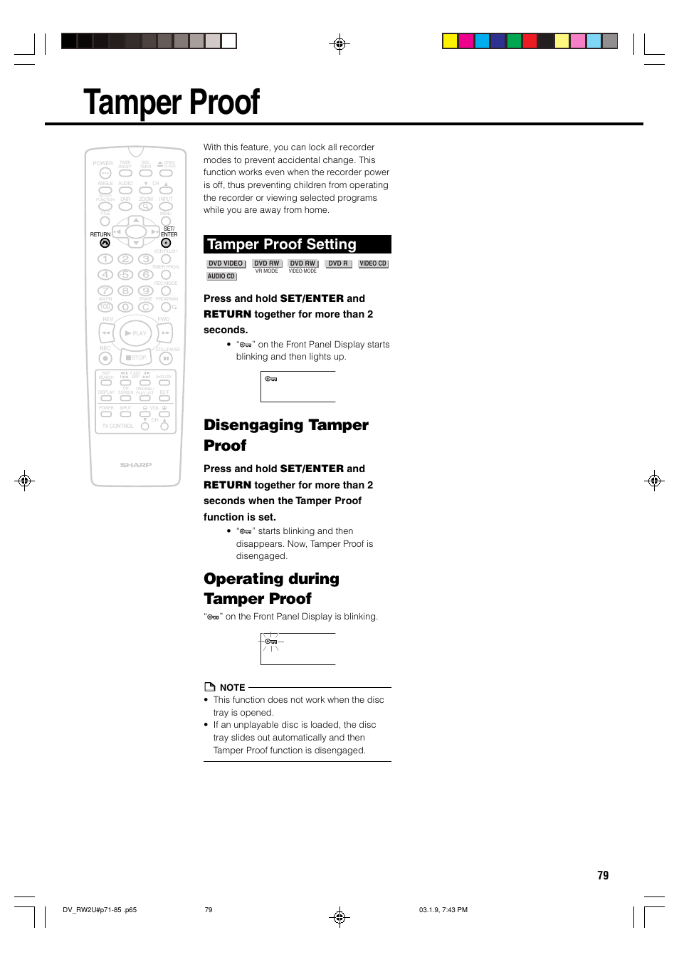 Tamper proof, Disengaging tamper proof, Operating during tamper proof | Tamper proof setting | Sharp DV-RW2U User Manual | Page 79 / 112