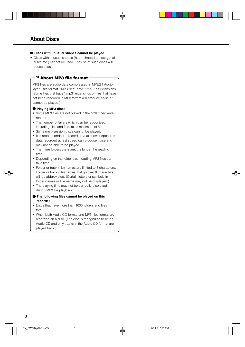 About discs, About mp3 file format | Sharp DV-RW2U User Manual | Page 8 / 112