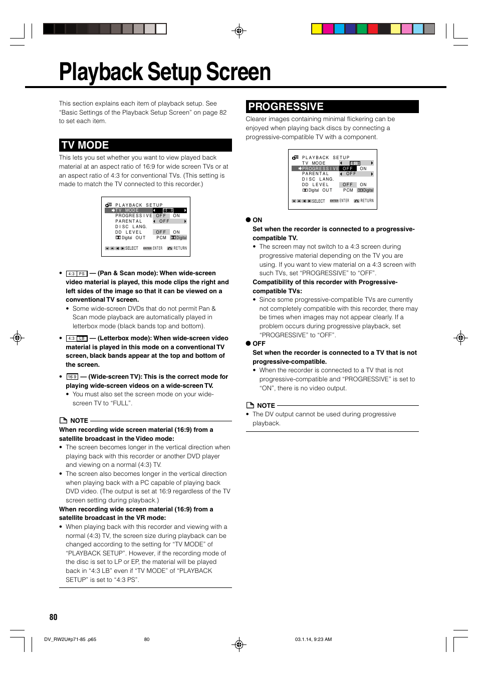 Playback setup screen, Tv mode, Progressive | Sharp DV-RW2U User Manual | Page 80 / 112