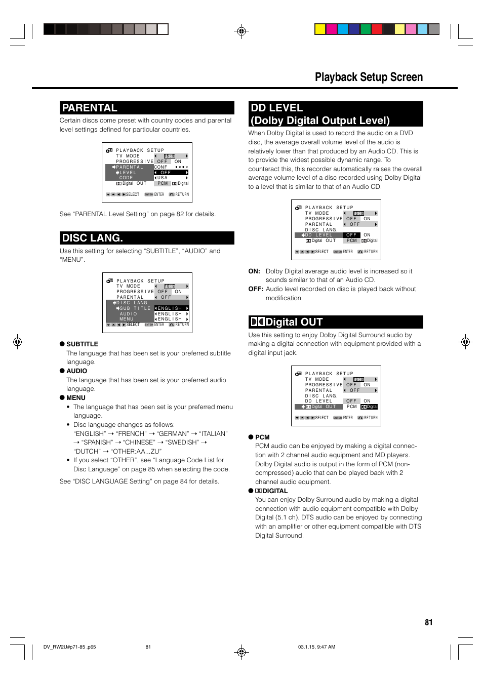 Playback setup screen, Parental, Disc lang | Dd level (dolby digital output level), Digital out | Sharp DV-RW2U User Manual | Page 81 / 112