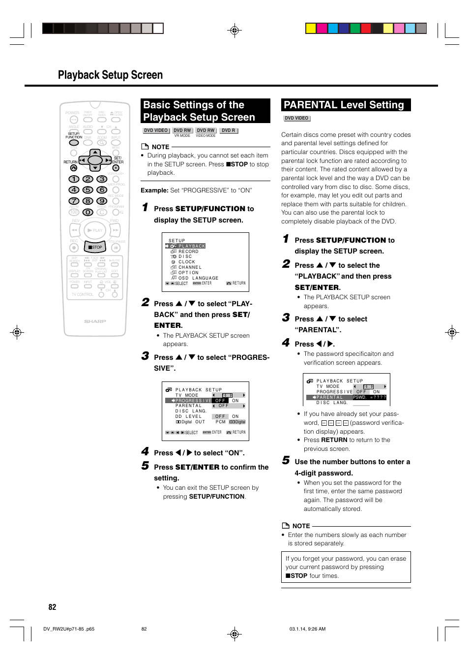 Playback setup screen, Basic settings of the playback setup screen, Parental level setting | Sharp DV-RW2U User Manual | Page 82 / 112