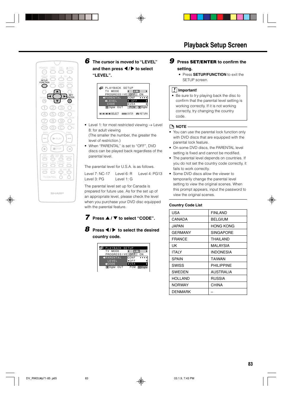 Playback setup screen 6, Press ' / 