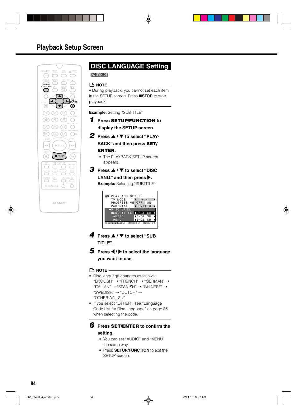 Playback setup screen, Disc language setting, Press setup/function to display the setup screen | Press ' / 