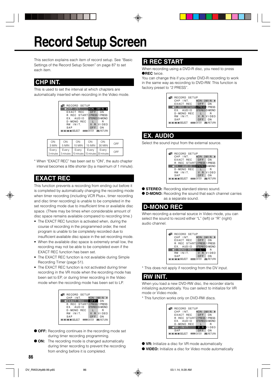 Record setup screen, Chp int, Exact rec | R rec start, Ex. audio, D-mono rec, Rw init | Sharp DV-RW2U User Manual | Page 86 / 112