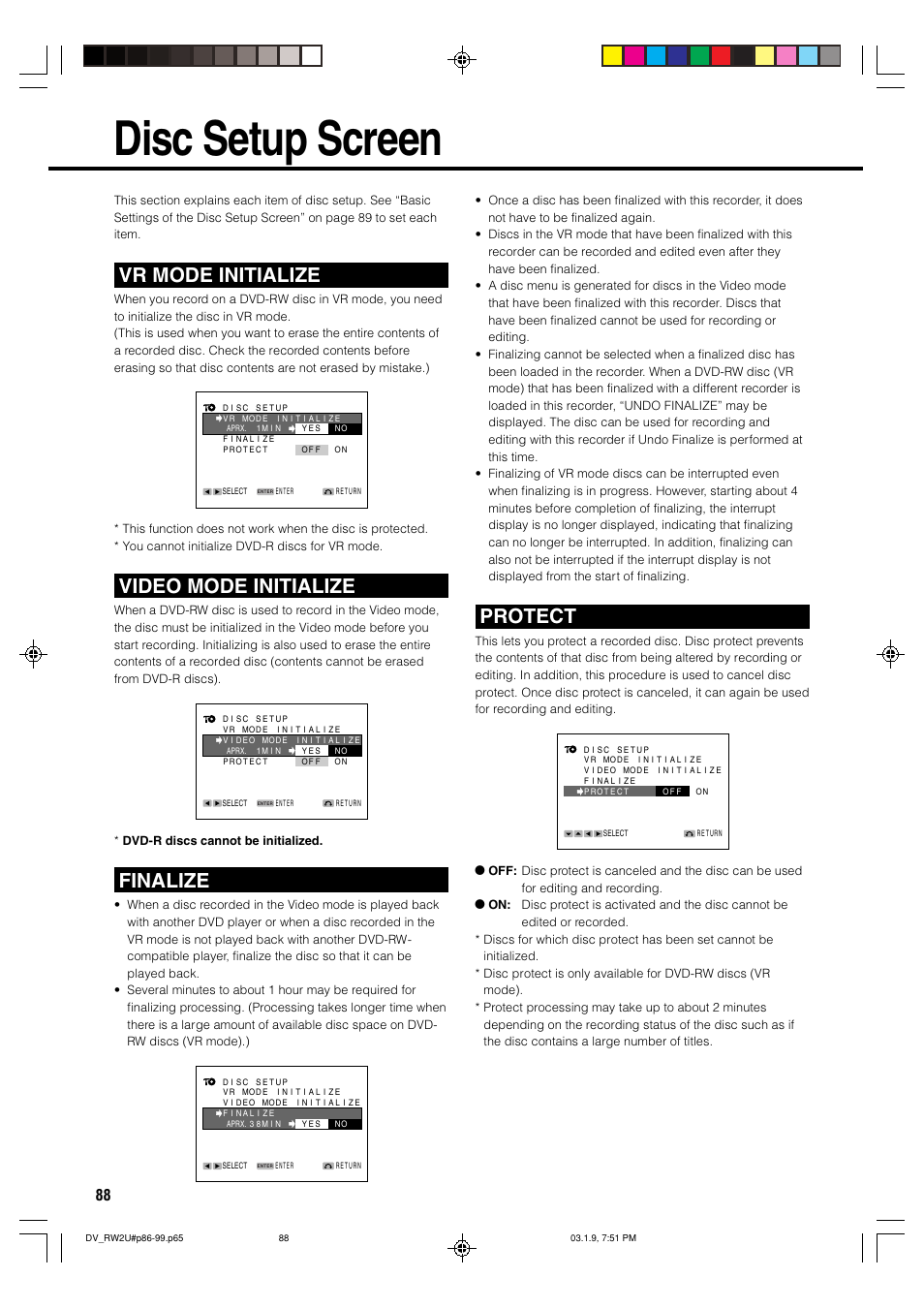 Disc setup screen, Vr mode initialize, Video mode initialize | Finalize, Protect | Sharp DV-RW2U User Manual | Page 88 / 112