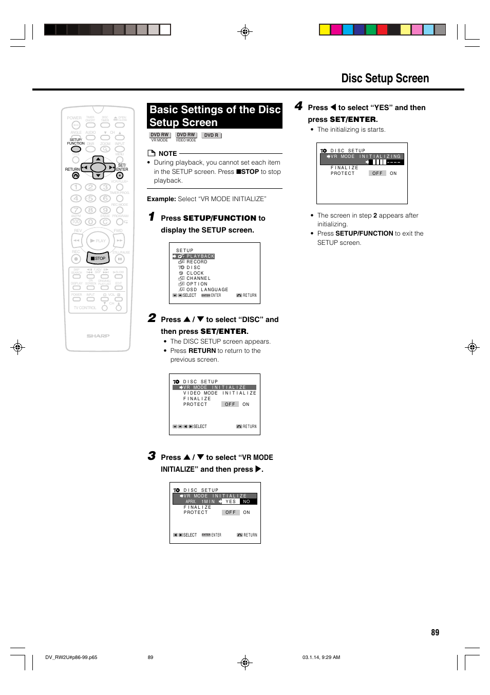 Disc setup screen, Basic settings of the disc setup screen, Press setup/function to display the setup screen | Press \ to select “yes” and then press set/enter | Sharp DV-RW2U User Manual | Page 89 / 112