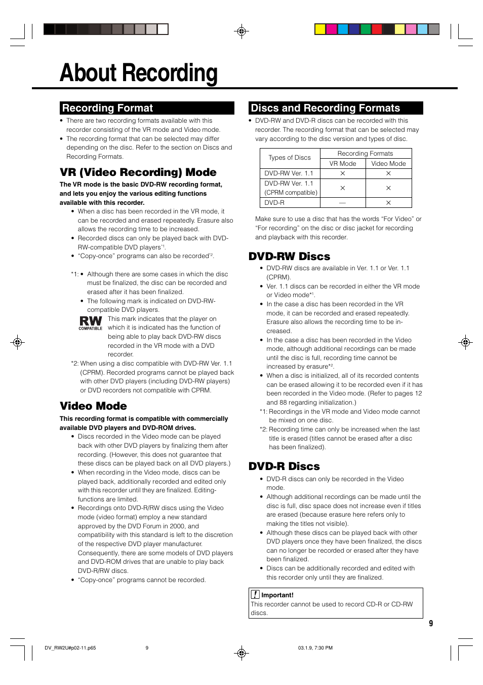 About recording, Vr (video recording) mode, Video mode | Dvd-rw discs, Dvd-r discs, Recording format, Discs and recording formats | Sharp DV-RW2U User Manual | Page 9 / 112