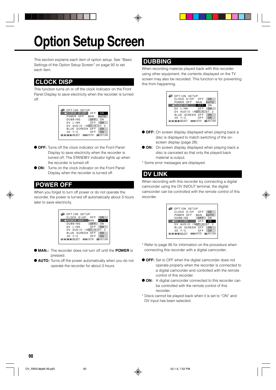 Option setup screen, Clock disp, Power off | Dubbing, Dv link | Sharp DV-RW2U User Manual | Page 90 / 112