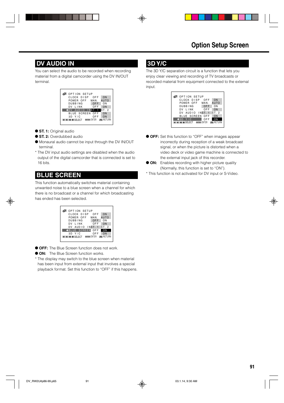 Option setup screen, Dv audio in, Blue screen | 3d y/c | Sharp DV-RW2U User Manual | Page 91 / 112