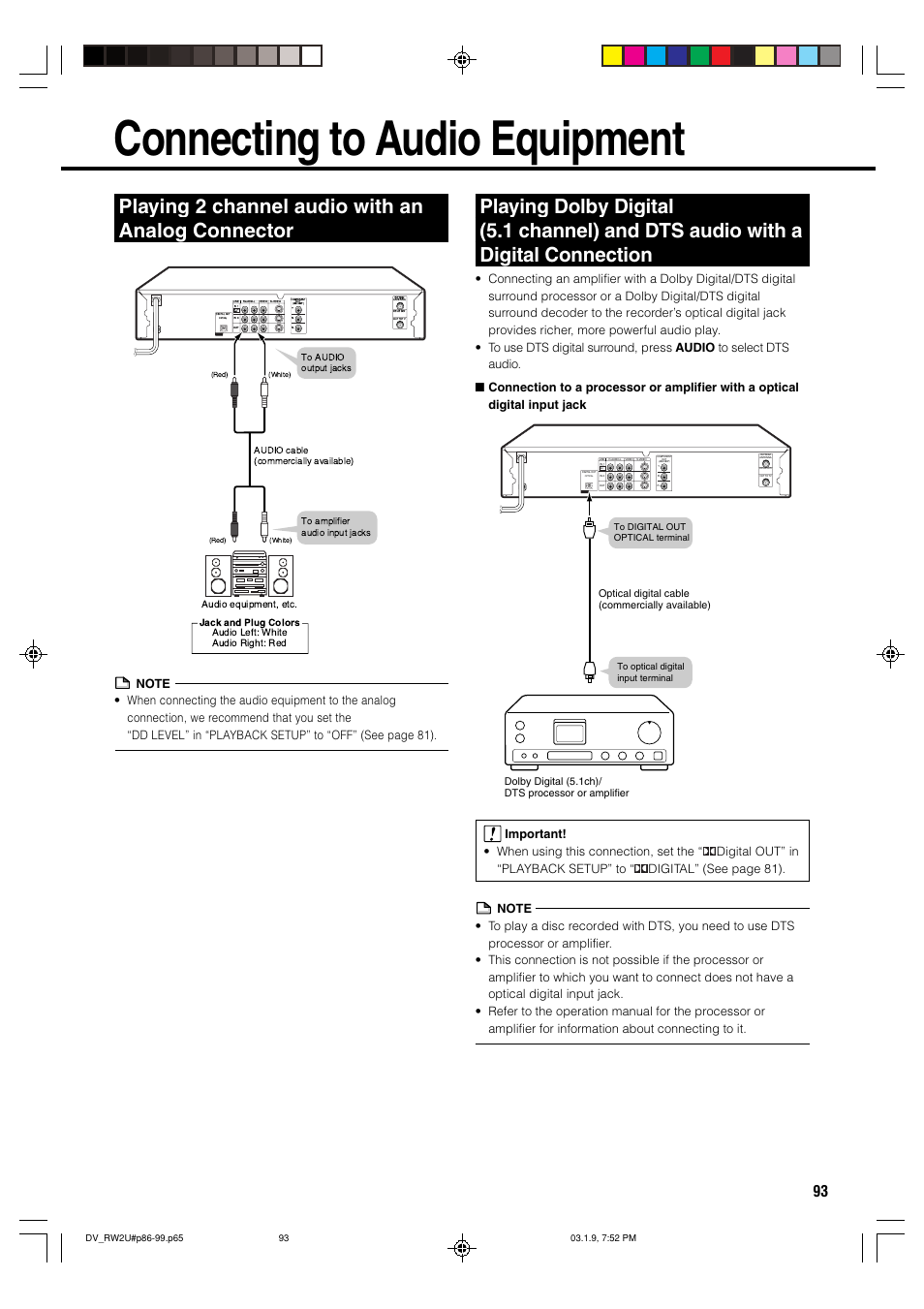 Connecting to audio equipment, Playing 2 channel audio with an analog connector | Sharp DV-RW2U User Manual | Page 93 / 112