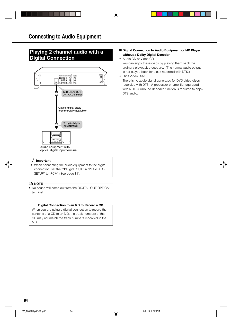 Connecting to audio equipment, Playing 2 channel audio with a digital connection | Sharp DV-RW2U User Manual | Page 94 / 112