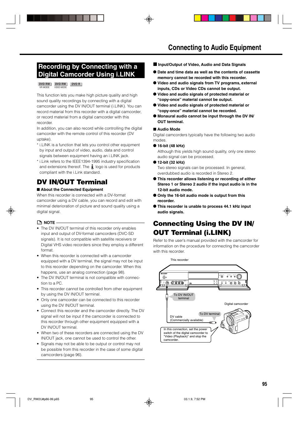 Connecting to audio equipment, Dv in/out terminal, Connecting using the dv in/ out terminal (i.link) | Disc timer av auto rec standby timer disc in | Sharp DV-RW2U User Manual | Page 95 / 112