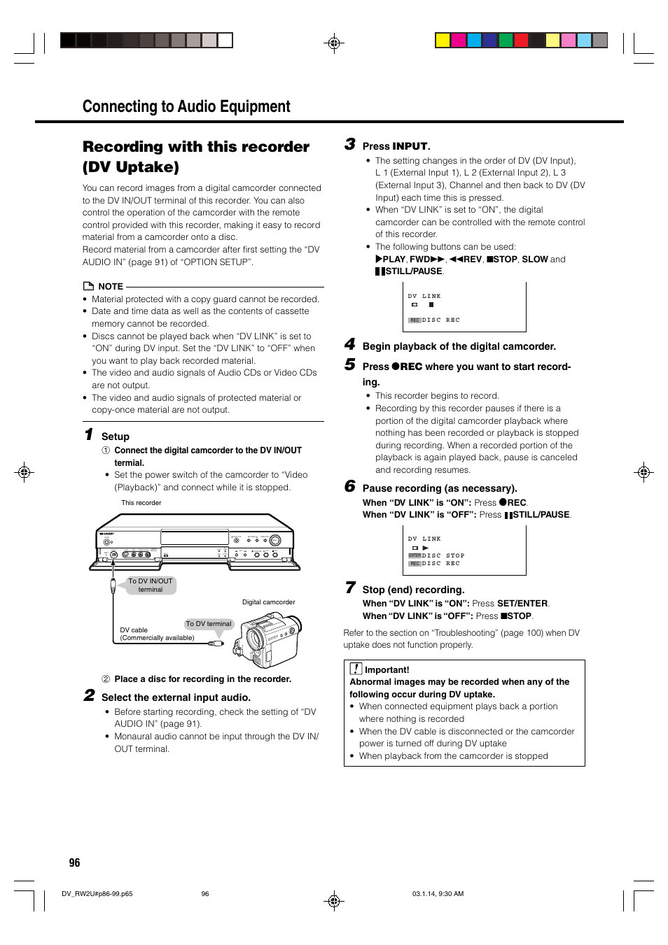 Connecting to audio equipment, Recording with this recorder (dv uptake) | Sharp DV-RW2U User Manual | Page 96 / 112