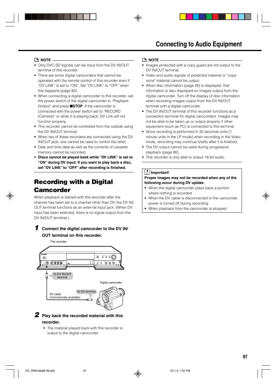 Connecting to audio equipment, Recording with a digital camcorder | Sharp DV-RW2U User Manual | Page 97 / 112