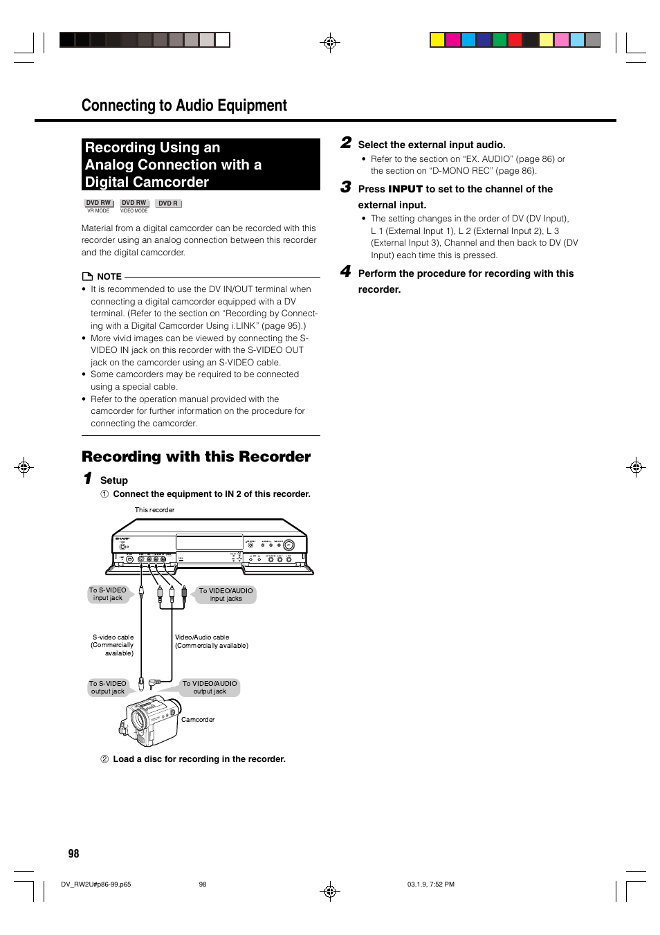 Connecting to audio equipment 2, Recording with this recorder, Setup | Disc timer av auto rec standby timer disc in, Select the external input audio | Sharp DV-RW2U User Manual | Page 98 / 112