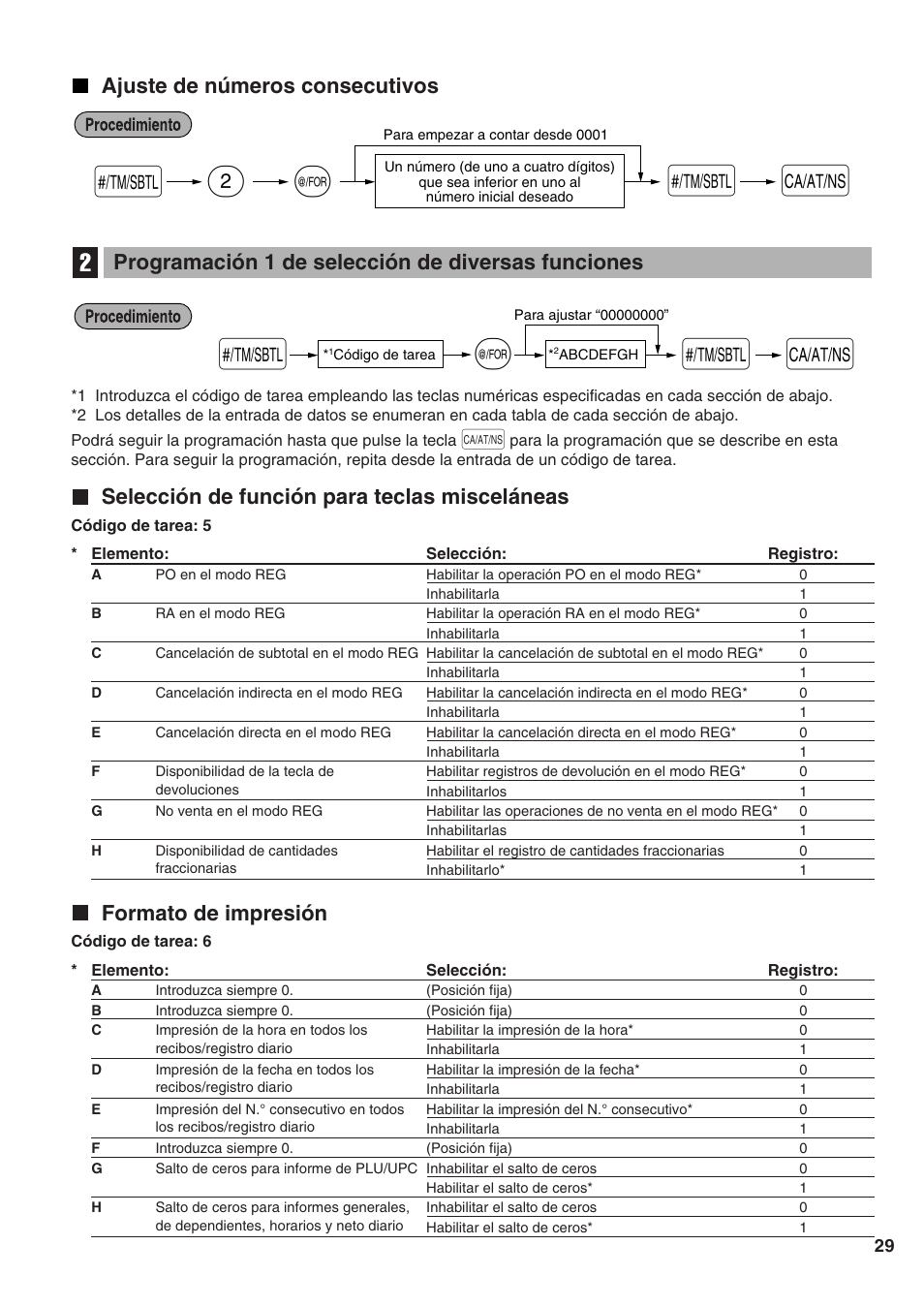 Ajuste de números consecutivos, Programación 1 de selección de diversas funciones, Selección de función para teclas misceláneas | Formato de impresión, 2s @ s a | Sharp Electronic Cash Register XE-A402 User Manual | Page 109 / 124