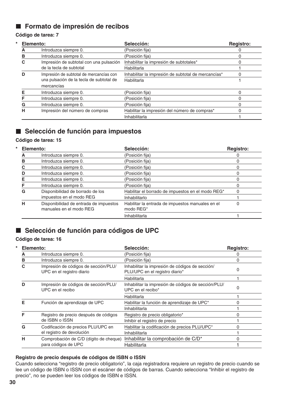 Formato de impresión de recibos, Selección de función para impuestos, Selección de función para códigos de upc | Sharp Electronic Cash Register XE-A402 User Manual | Page 110 / 124