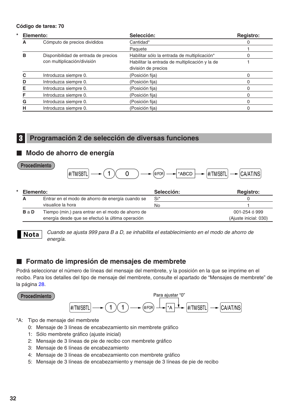 Programación 2 de selección de diversas funciones, Modo de ahorro de energía, Formato de impresión de mensajes de membrete | Sharp Electronic Cash Register XE-A402 User Manual | Page 112 / 124