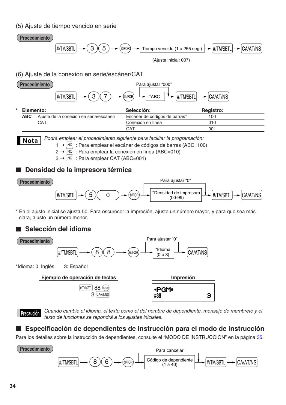 Densidad de la impresora térmica, Selección del idioma, S 50 | Sharp Electronic Cash Register XE-A402 User Manual | Page 114 / 124