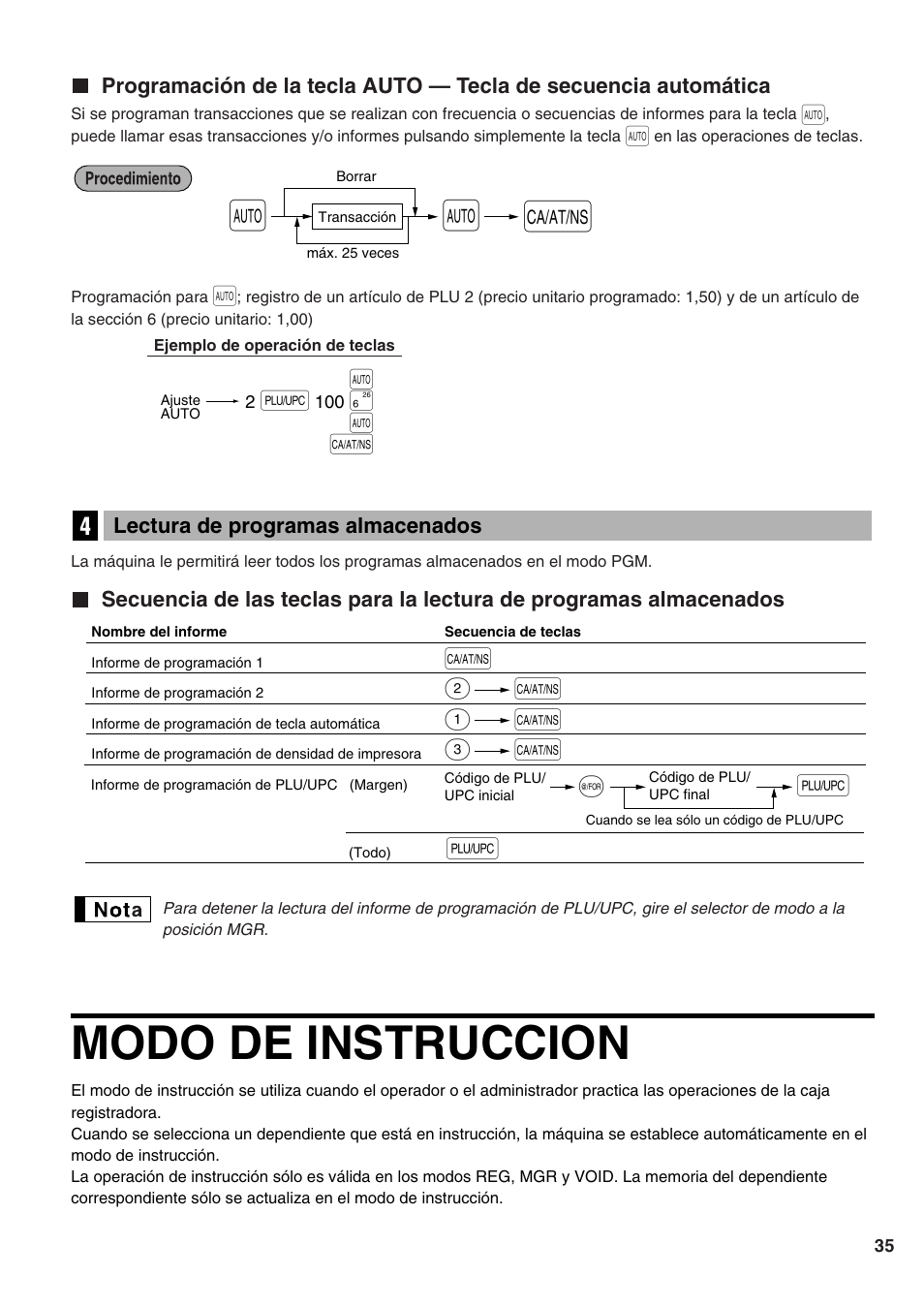 Lectura de programas almacenados, Modo de instruccion, 4 lectura de programas almacenados | Sharp Electronic Cash Register XE-A402 User Manual | Page 115 / 124