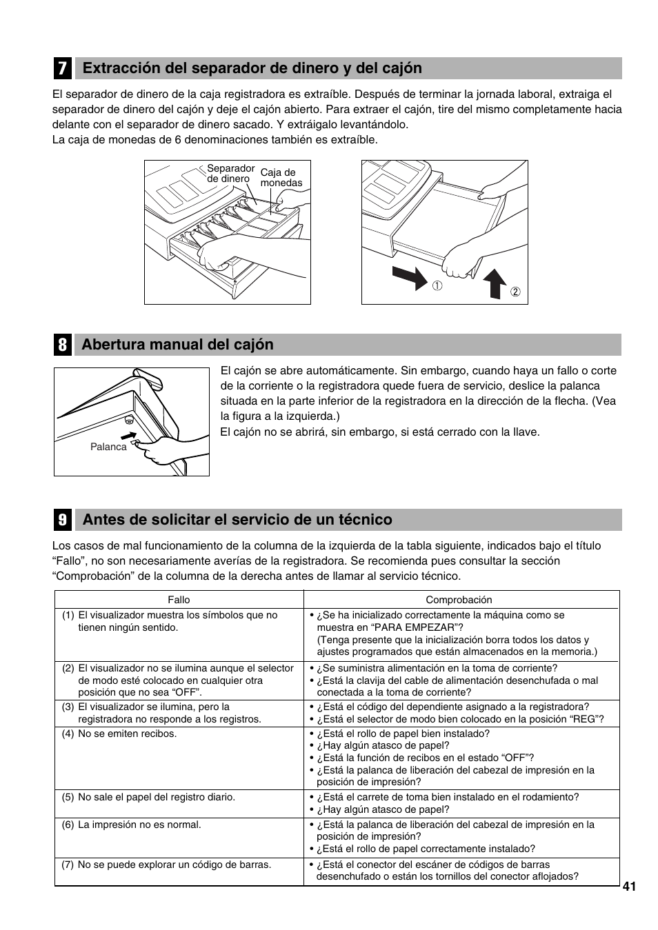 Extracción del separador de dinero y del cajón, Abertura manual del cajón, Antes de solicitar el servicio de un técnico | 7 extracción del separador de dinero y del cajón, 8 abertura manual del cajón, 9 antes de solicitar el servicio de un técnico | Sharp Electronic Cash Register XE-A402 User Manual | Page 121 / 124