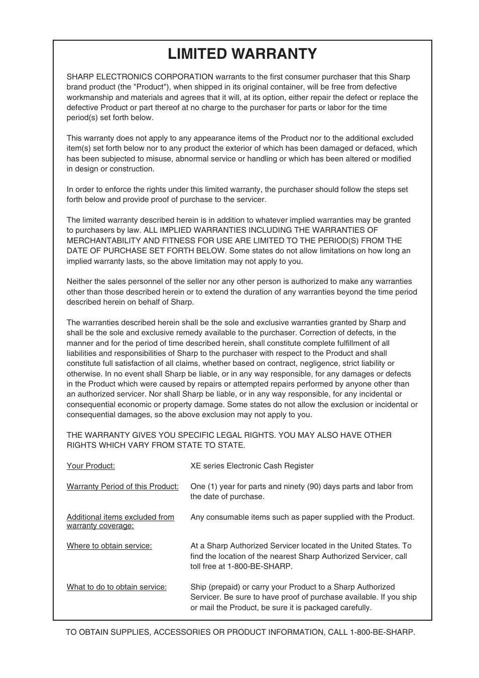 Limited warranty | Sharp Electronic Cash Register XE-A402 User Manual | Page 123 / 124