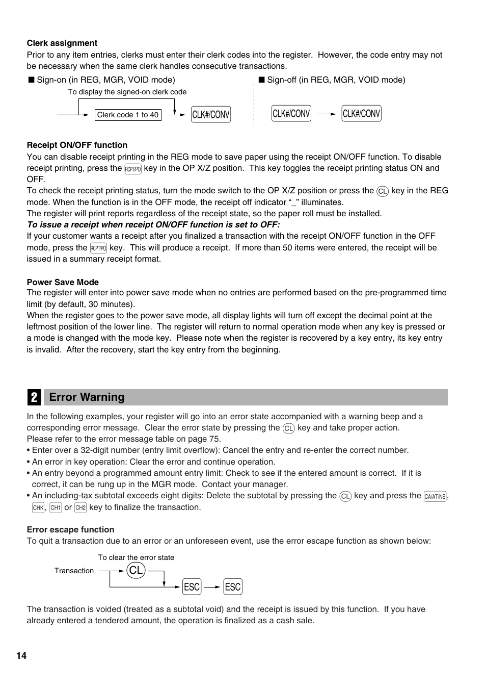 Error warning, 2 error warning | Sharp Electronic Cash Register XE-A402 User Manual | Page 16 / 124