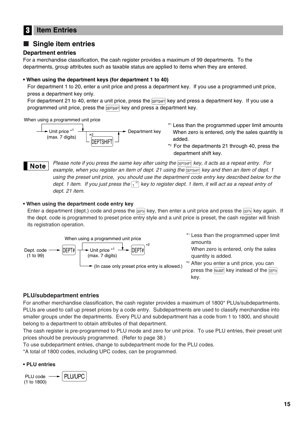 Item entries, Single item entries, 3 item entries | Sharp Electronic Cash Register XE-A402 User Manual | Page 17 / 124