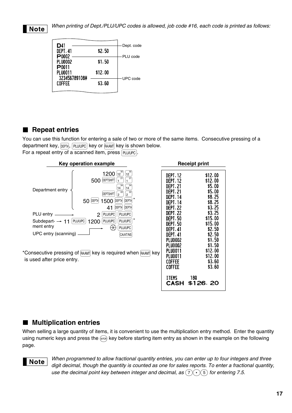 Repeat entries, Multiplication entries | Sharp Electronic Cash Register XE-A402 User Manual | Page 19 / 124